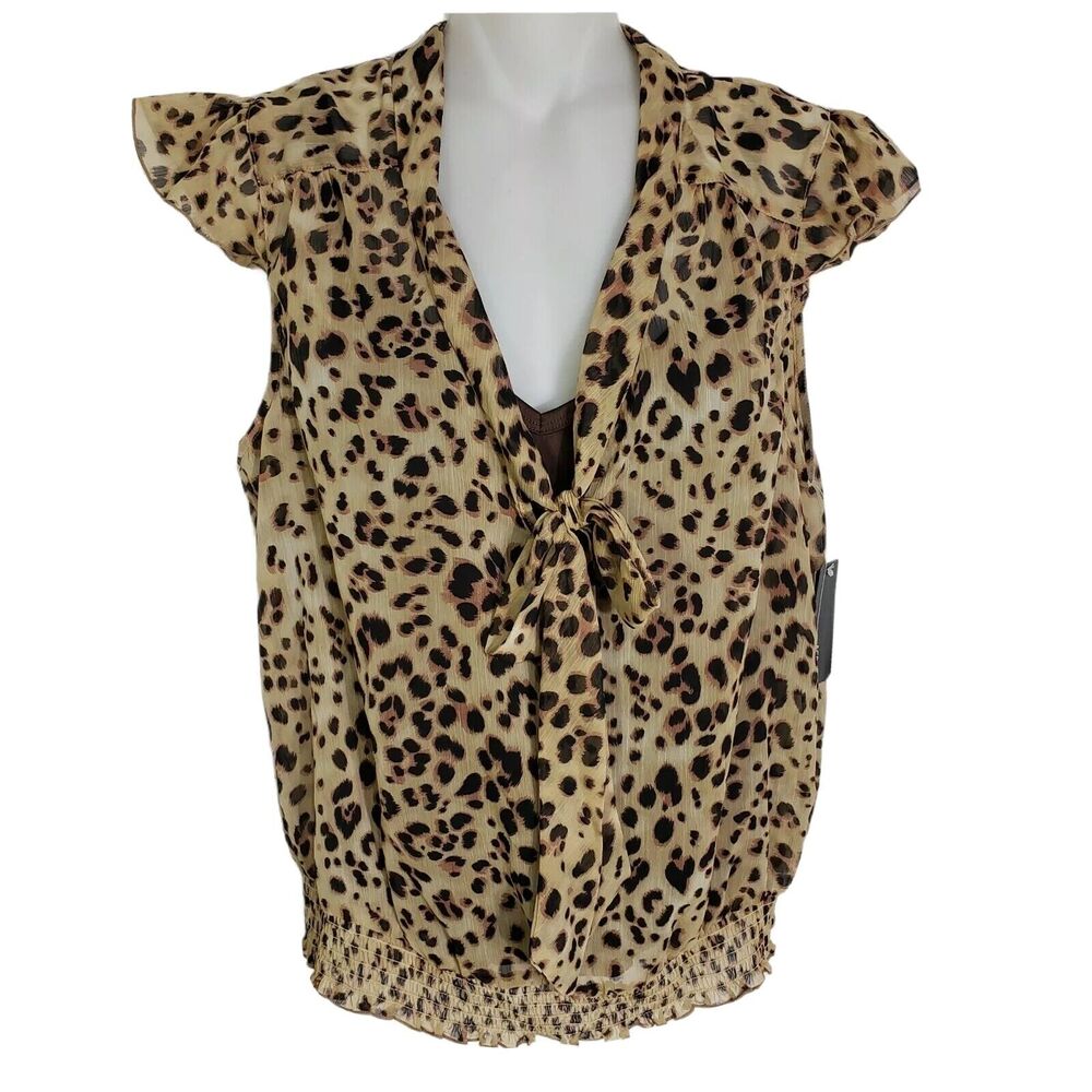 AGB Petite Women's Blouse Sz PL Animal Print Tie Neck Built In Tank Elastic Hem